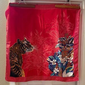 Vintage Silk Tiger Print Floral Design Red with White Polka Dot Scarf
